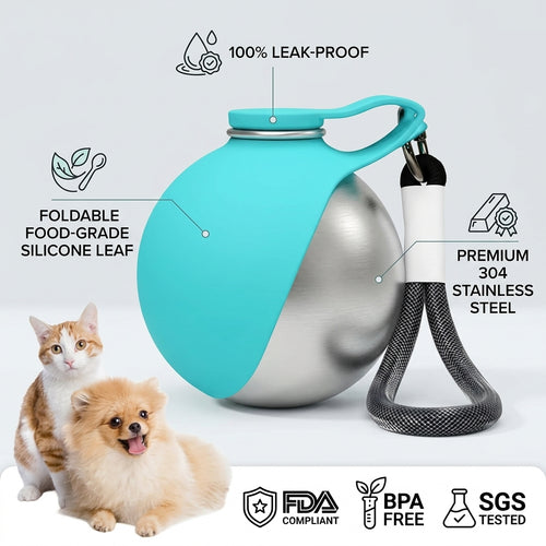 Stainless Steel Spherical Pet Water Bottle | 10oz Leak-Proof Portable Travel Dispenser with Foldable Silicone Bowl for Small & Medium Dogs.-&F