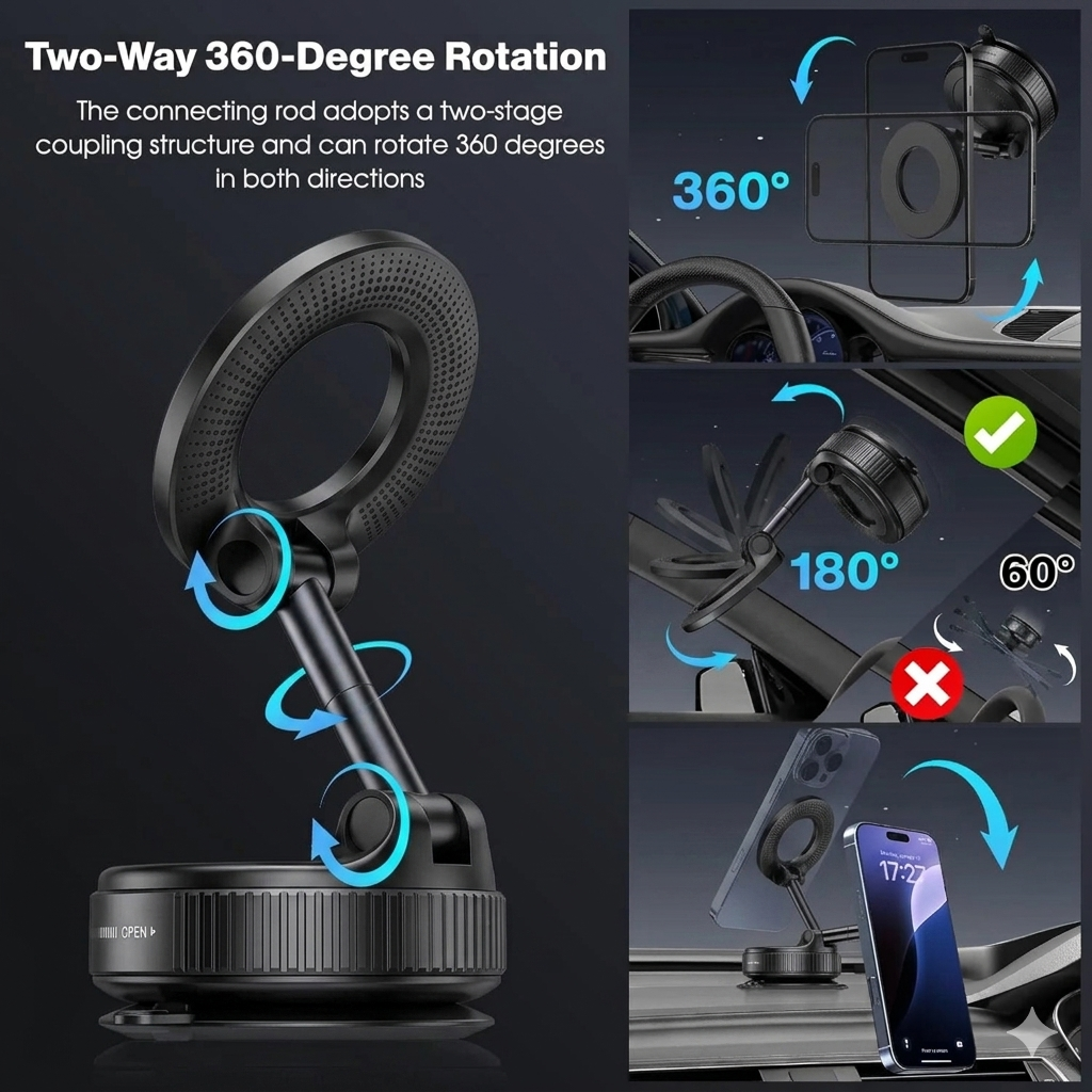 🎁[2026] 360° Vacuum Magnetic Car Mount, Ultra-Stable MagSafe Phone Holder for Dash & Windshield, Fits All Phones & Heavy Cases-BP