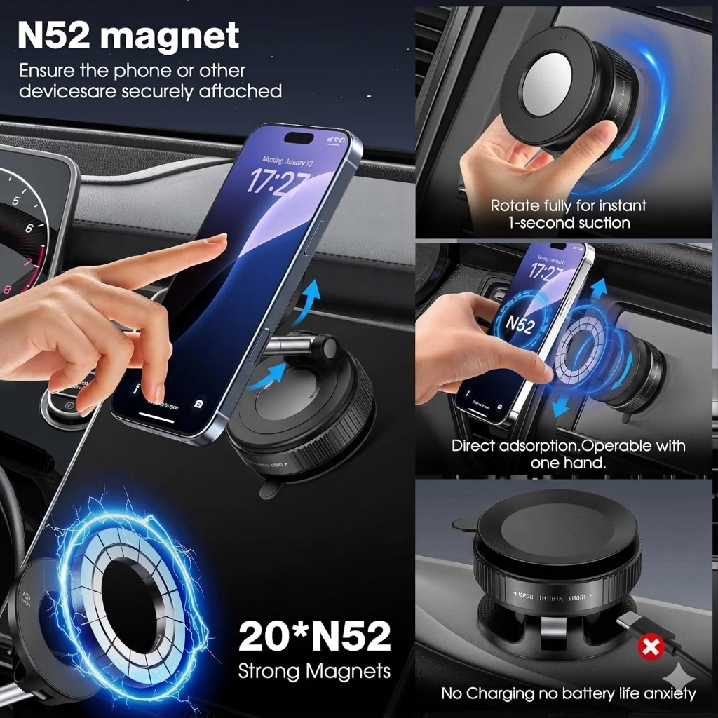 🎁[2026] 360° Vacuum Magnetic Car Mount, Ultra-Stable MagSafe Phone Holder for Dash & Windshield, Fits All Phones & Heavy Cases-BP